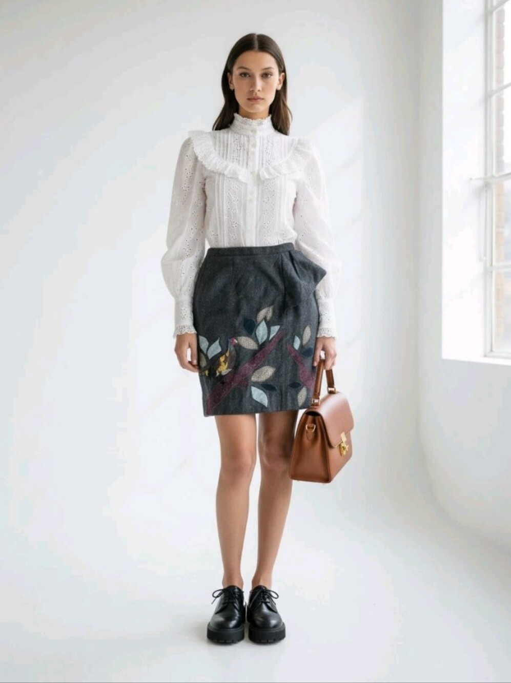 Anthropologie Floreat Brown Wool Tweed Pencil Skirt with Appliqué Bird NEW